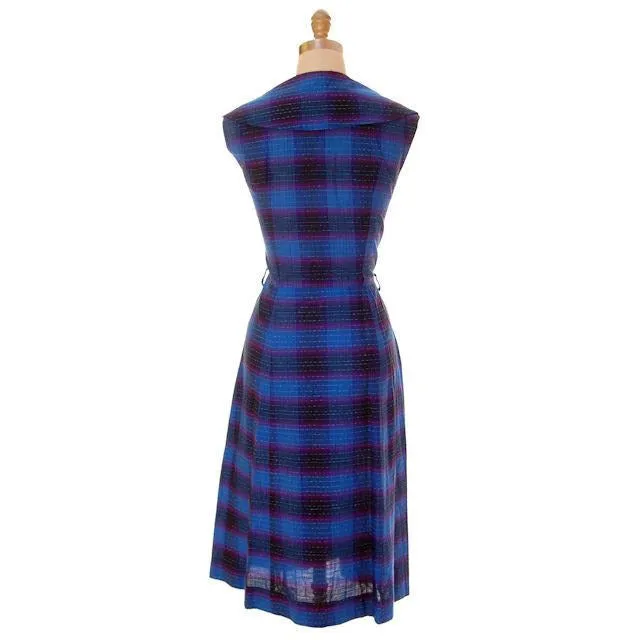 Vintage Blue Cotton Plaid Ombre Day Dress 1950s 40-32-42