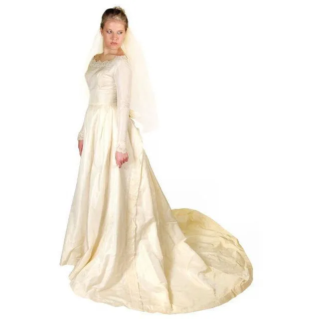 Vintage Ivory Silk Wedding Gown & Wax Look Headpiece- Veil 1949 Small