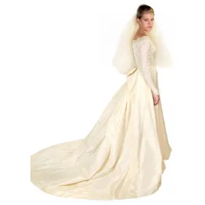 Vintage Ivory Silk Wedding Gown & Wax Look Headpiece- Veil 1949 Small