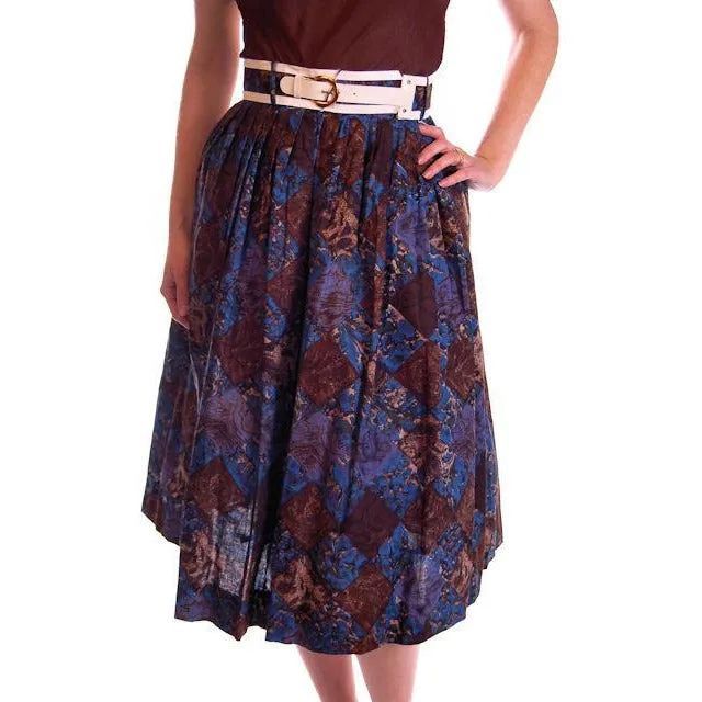 Vintage Skirt Brown & Dia Blue Cotton Print Diamonds NOS 1950S 24"
