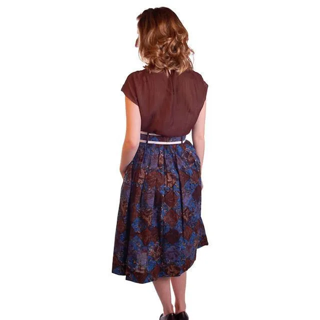 Vintage Skirt Brown & Dia Blue Cotton Print Diamonds NOS 1950S 24"
