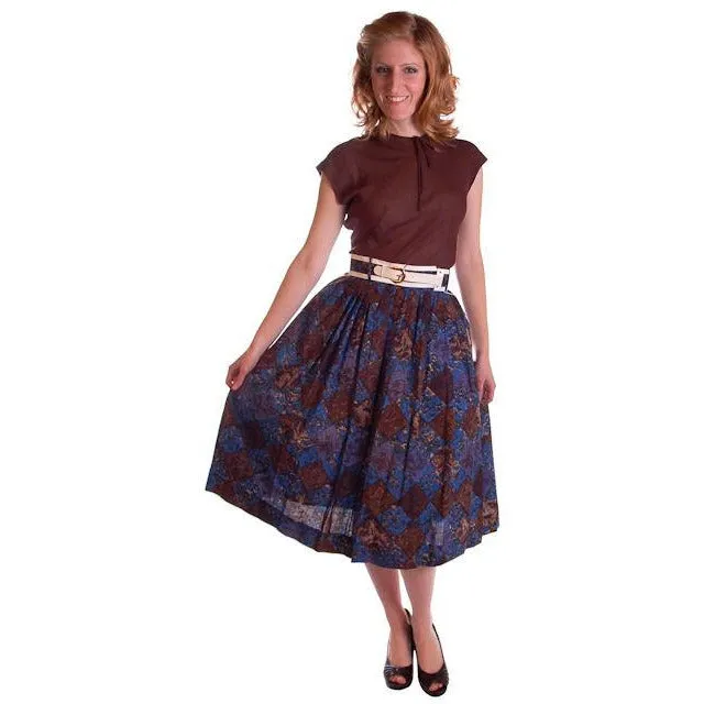 Vintage Skirt Brown & Dia Blue Cotton Print Diamonds NOS 1950S 24"