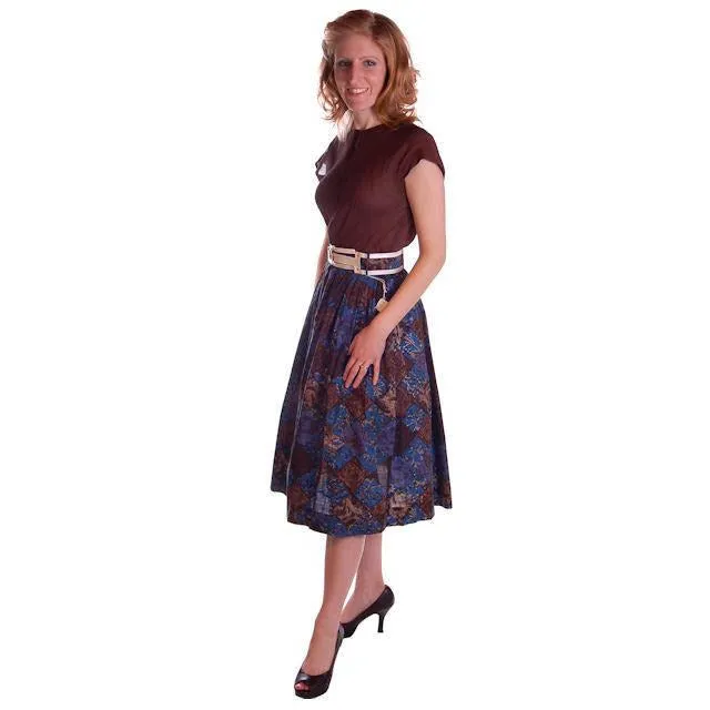 Vintage Skirt Brown & Dia Blue Cotton Print Diamonds NOS 1950S 24"