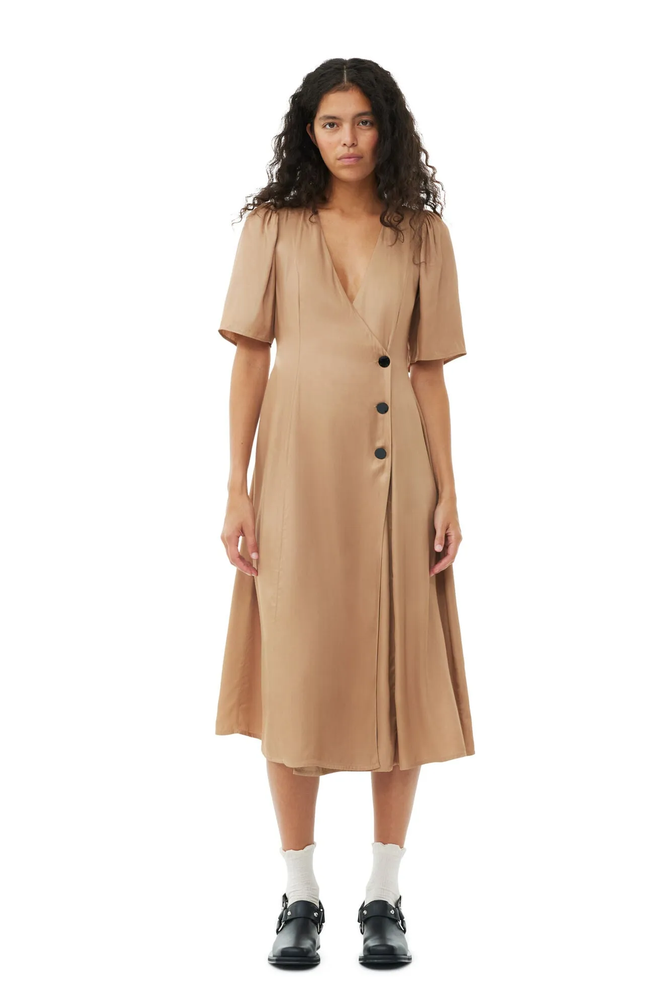 VISCOSE TWILL WRAP MIDI DRESS IN TIGER'S EYE