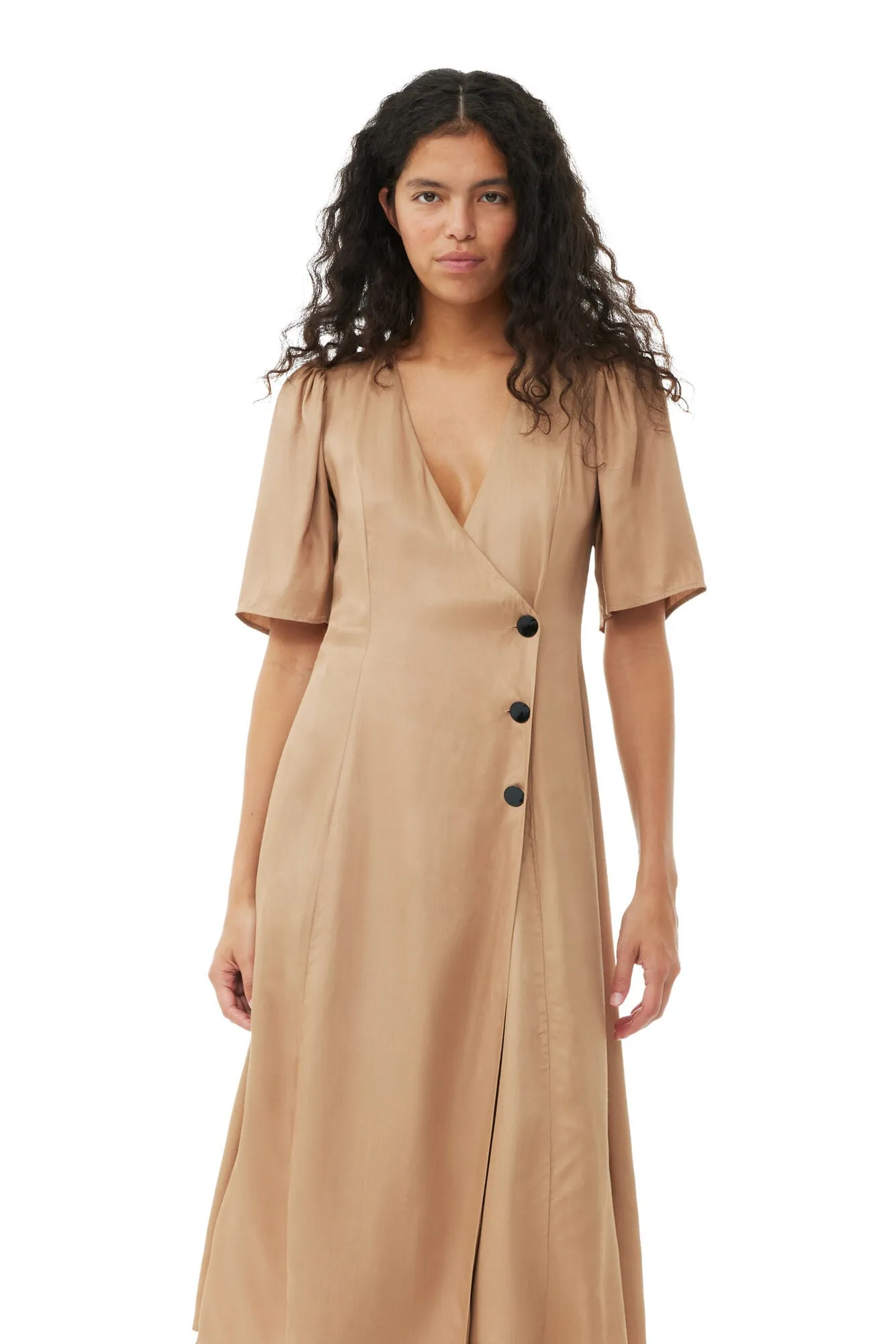 VISCOSE TWILL WRAP MIDI DRESS IN TIGER'S EYE