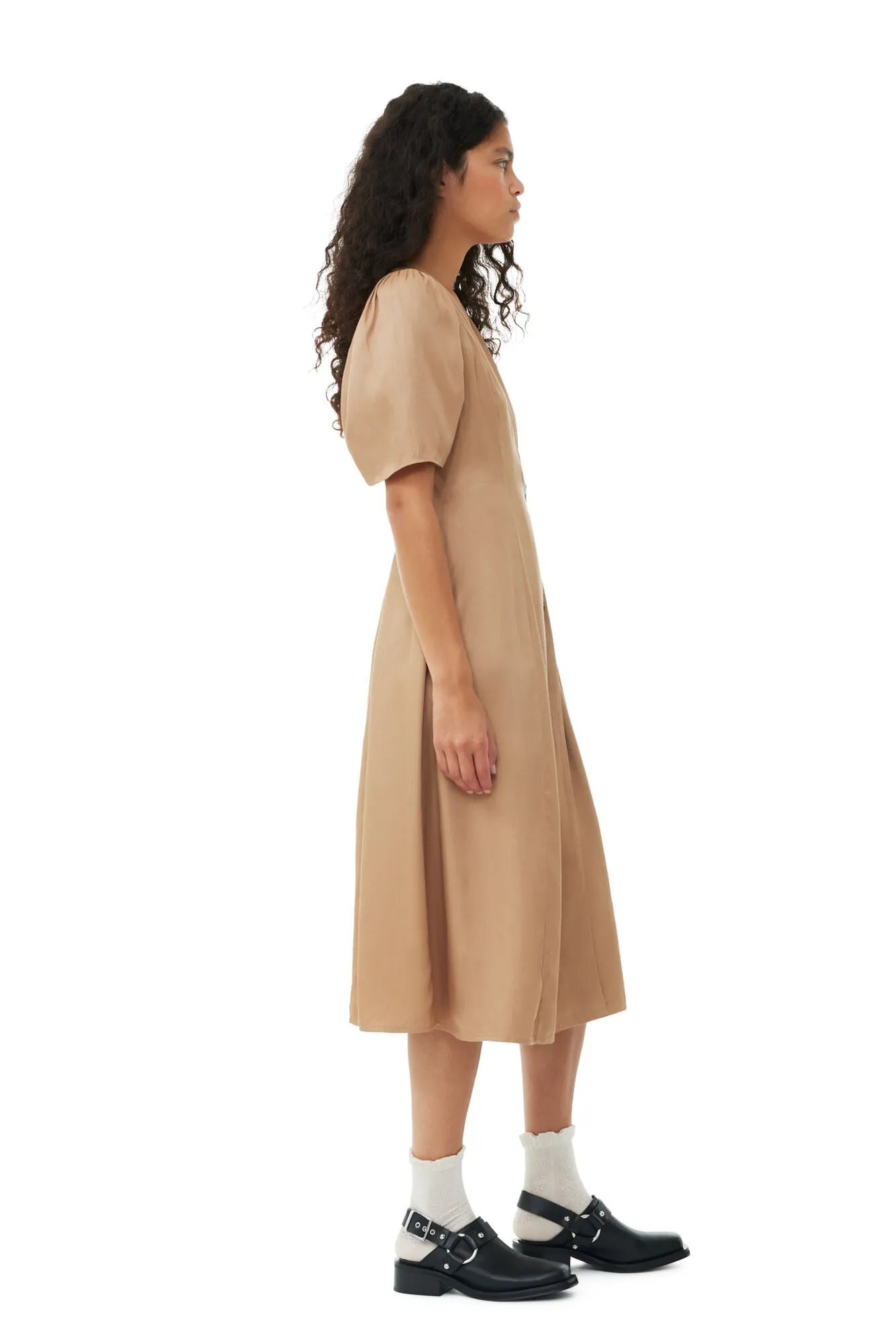 VISCOSE TWILL WRAP MIDI DRESS IN TIGER'S EYE