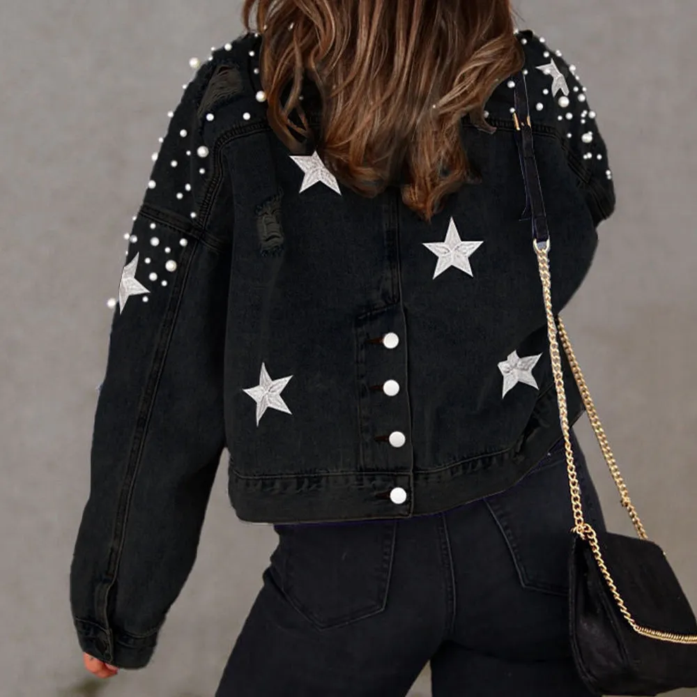 Vivian Pearl Detail Denim Jacket