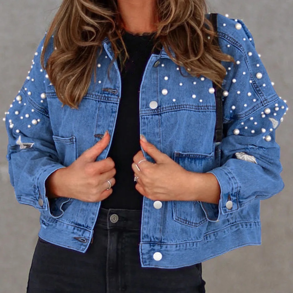 Vivian Pearl Detail Denim Jacket