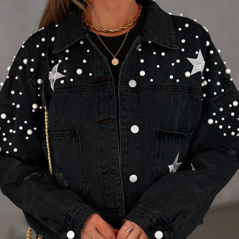 Vivian Pearl Detail Denim Jacket
