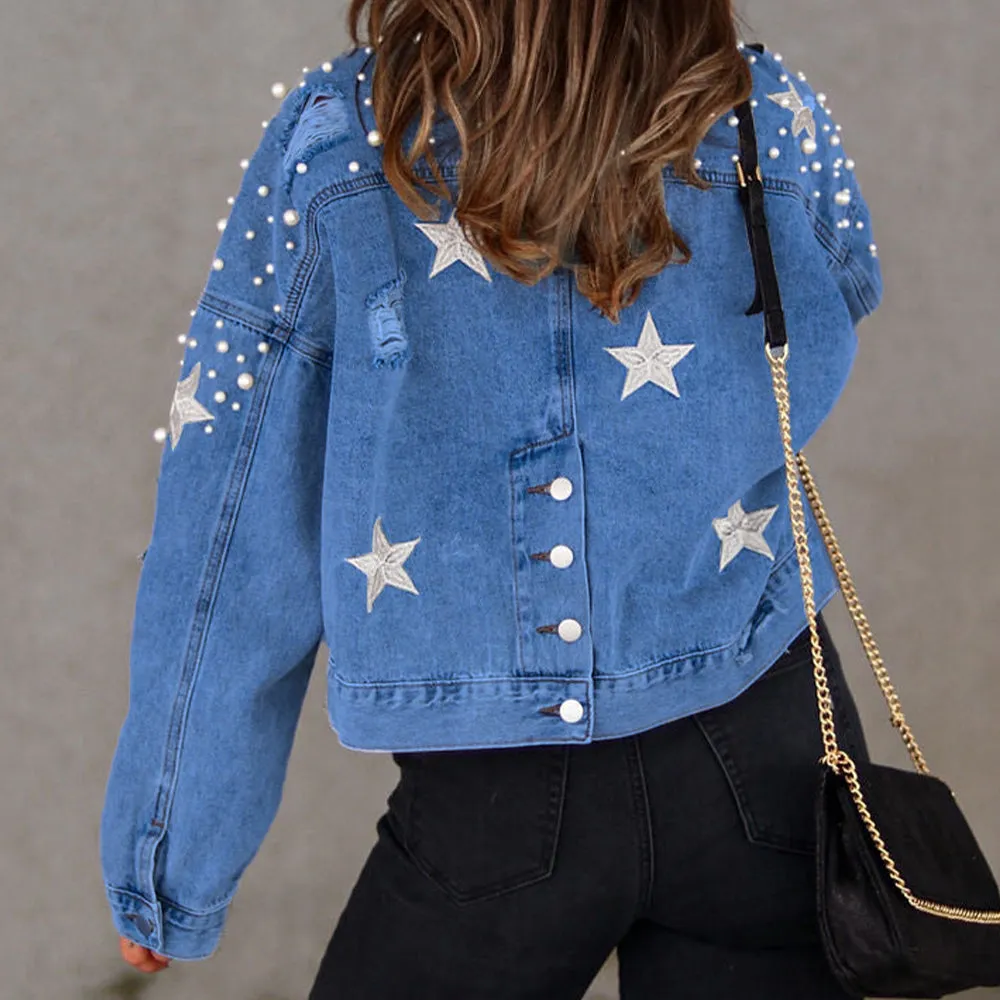 Vivian Pearl Detail Denim Jacket