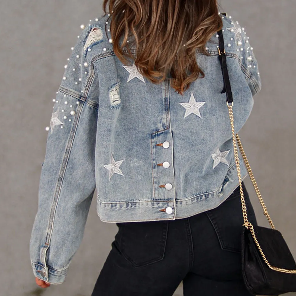 Vivian Pearl Detail Denim Jacket