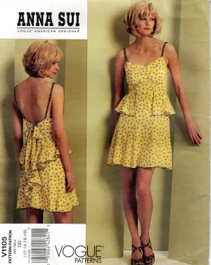 Vogue American Designer V1105 ANNA SUI Womens Lined Ruffled Peplum Mini Dress Out Of Print Sewing Pattern Size 12 - 18 UNCUT Factory Folded