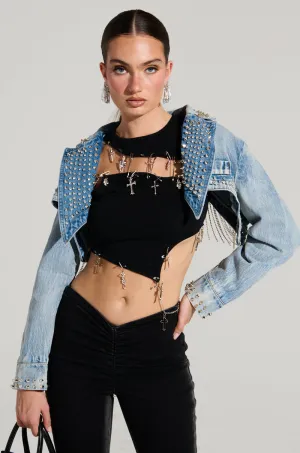 WATERFALL RHINESTONE CROPPED DENIM JACKET