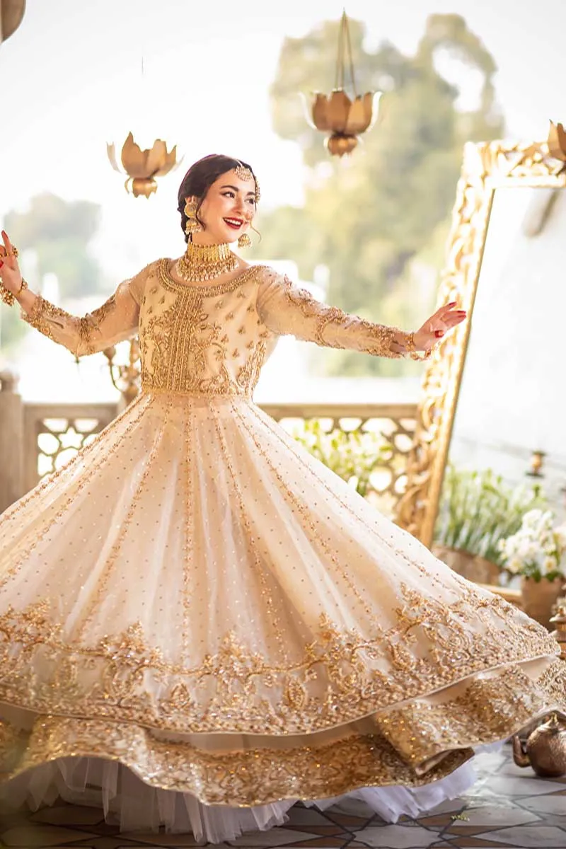 White and Golden Lehenga Frock Pakistani Wedding Dresses