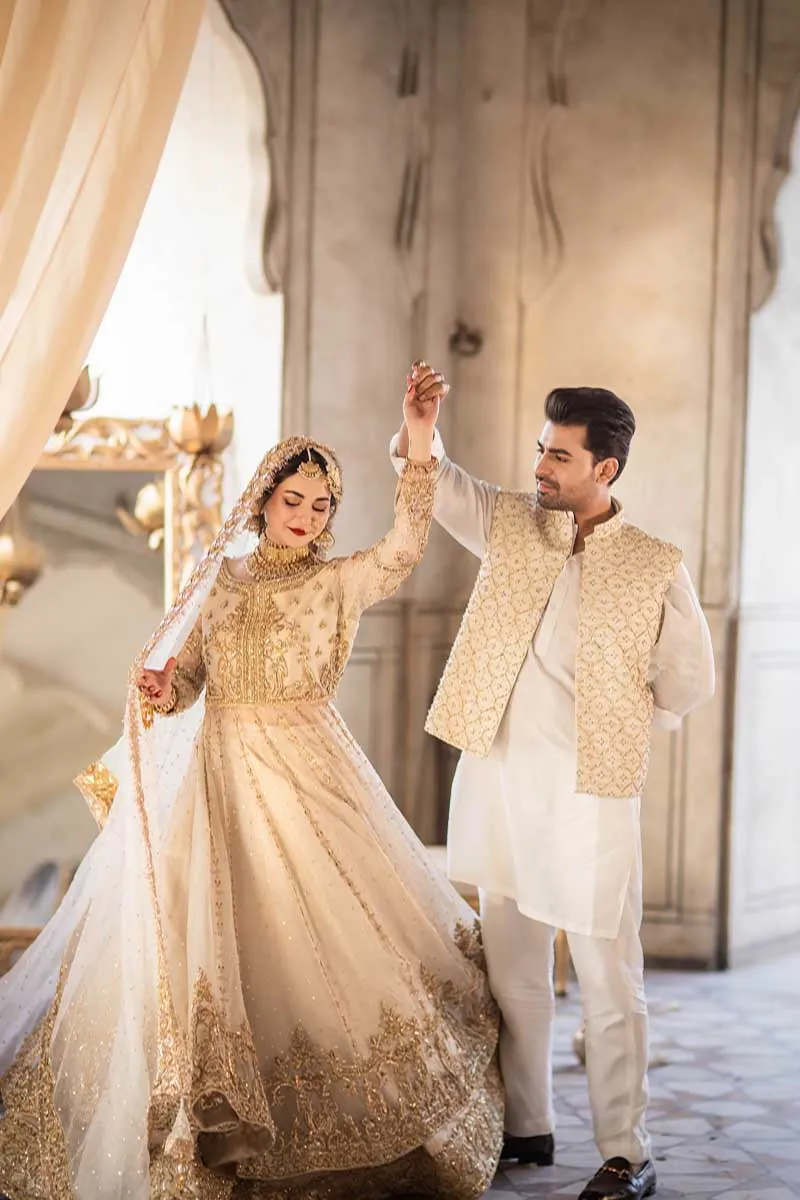 White and Golden Lehenga Frock Pakistani Wedding Dresses