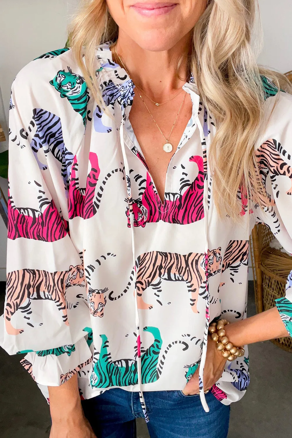 White Colorful Tiger Print Ruffled Lantern Sleeve Blouse