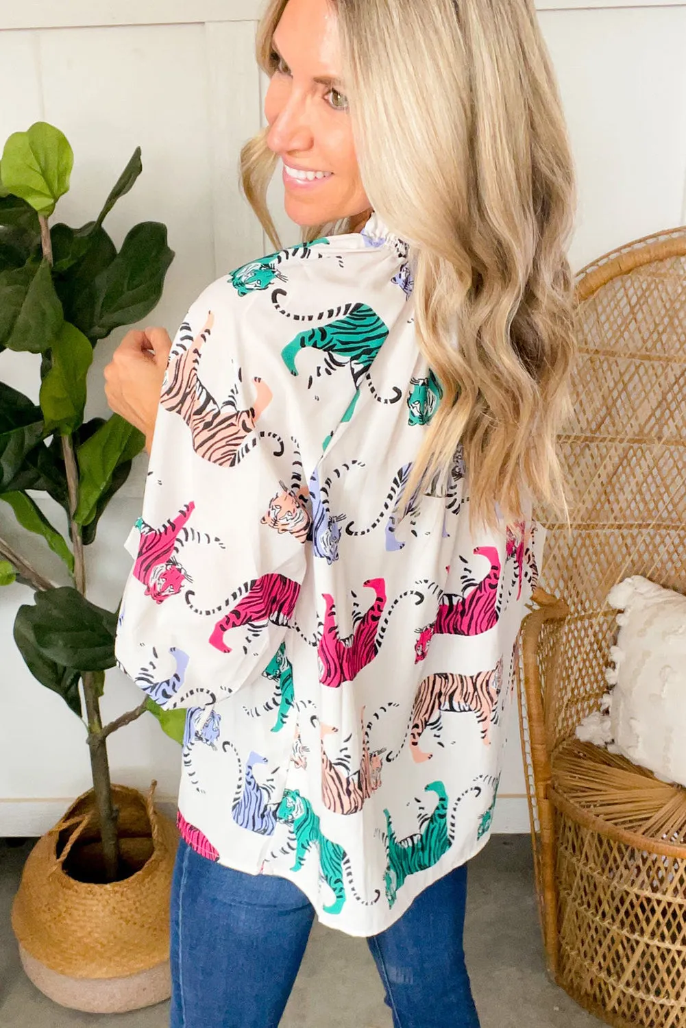 White Colorful Tiger Print Ruffled Lantern Sleeve Blouse