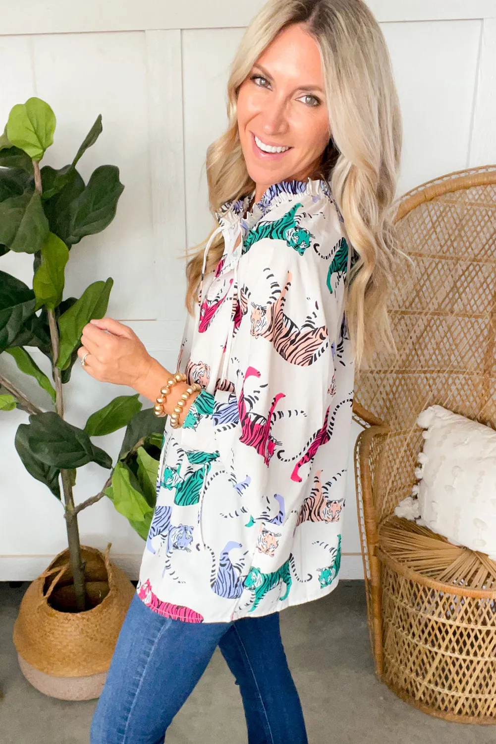 White Colorful Tiger Print Ruffled Lantern Sleeve Blouse