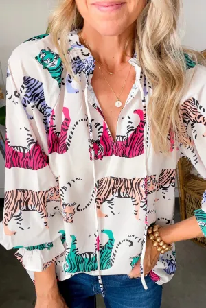 White Colorful Tiger Print Ruffled Lantern Sleeve Blouse