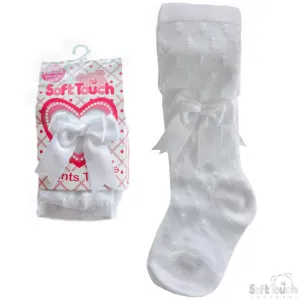 White Shiny Tights W/Double Bow: (T40-W) NB-12 Months
