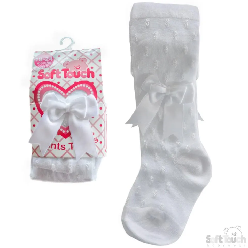 White Shiny Tights W/Double Bow: (T40-W) NB-12 Months