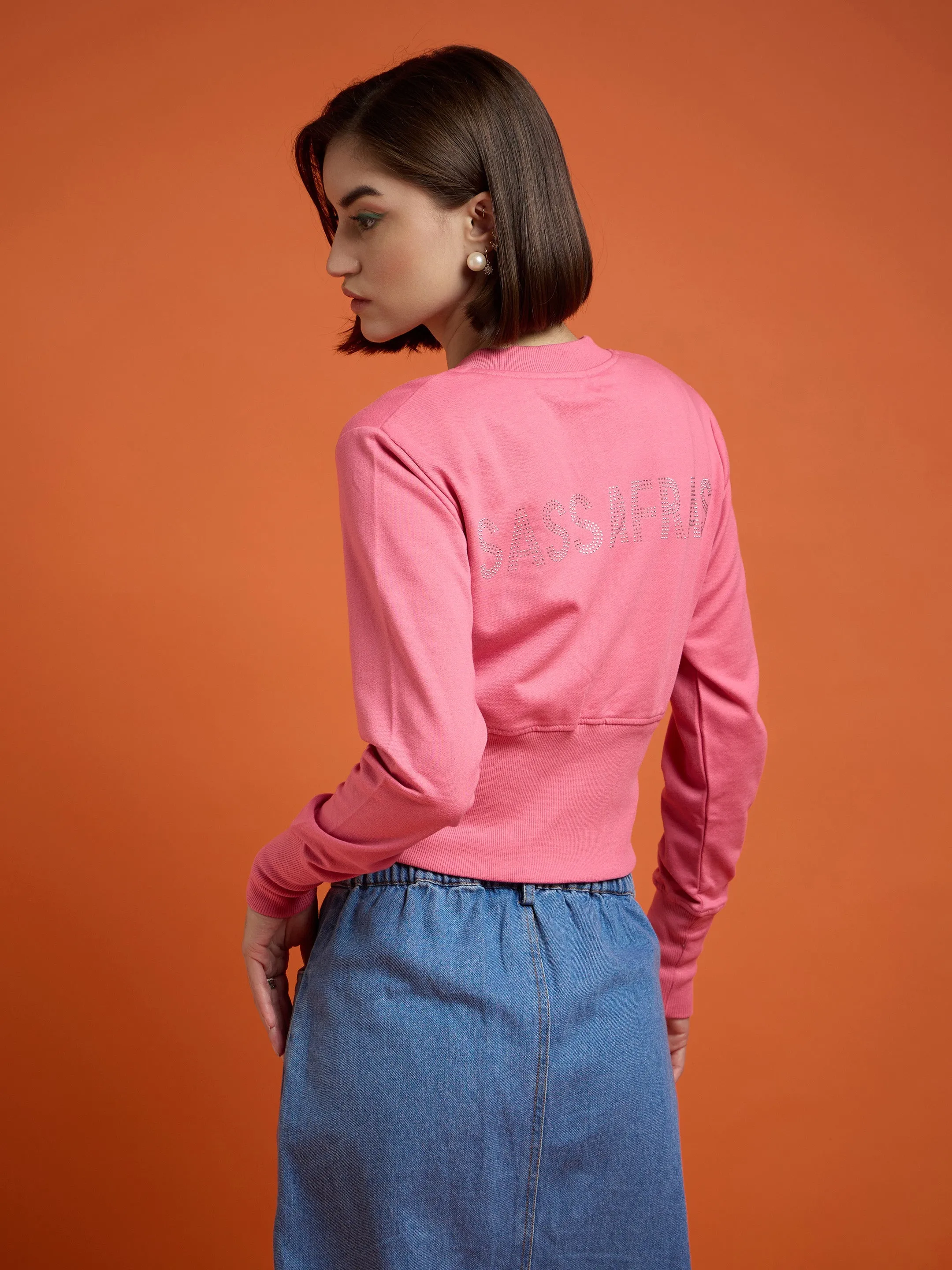 Women Pink SASSAFRAS Studded Print Crop Jacket