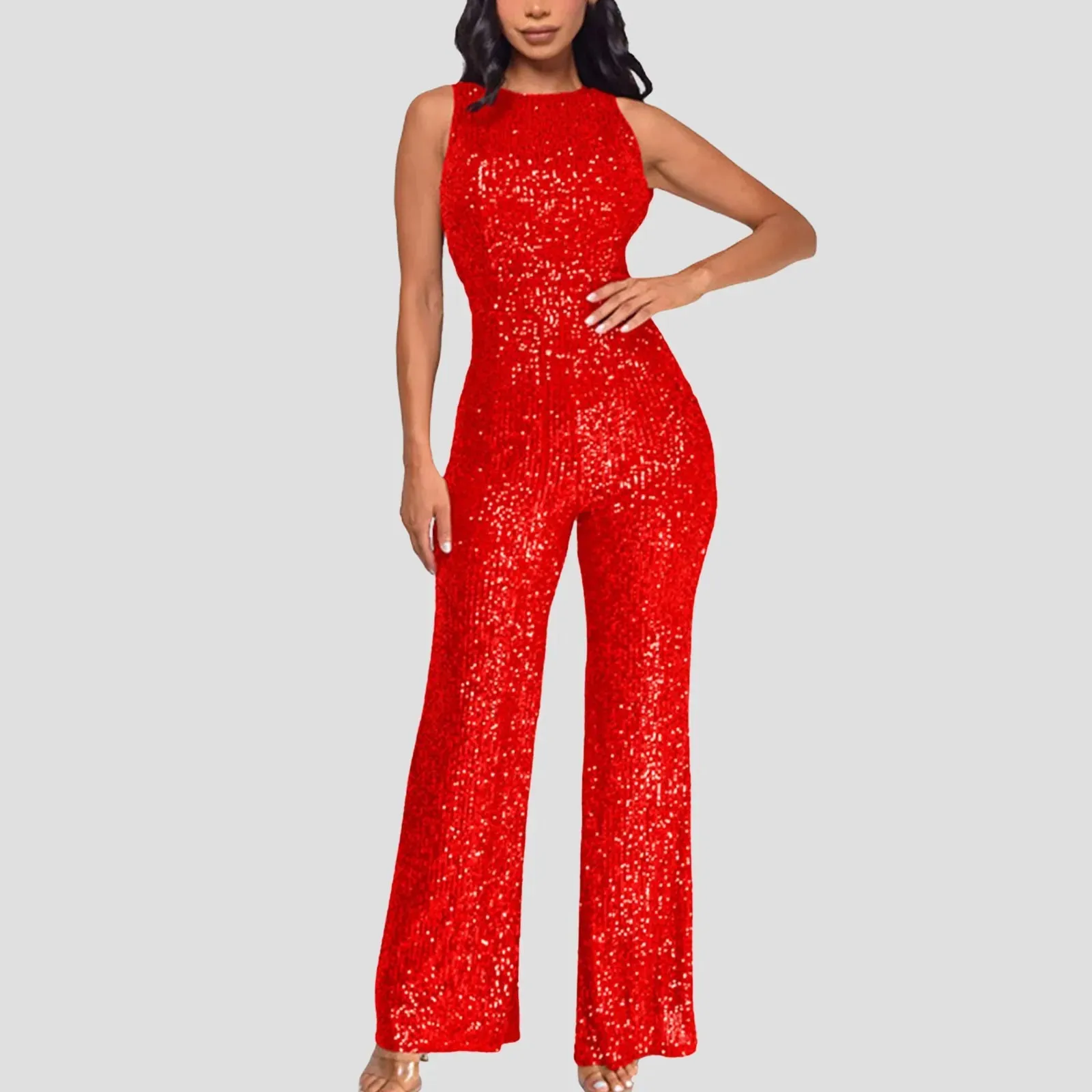 Women Sequin Sleeveless Jumpsuit Solid Crew Neck Slim Waist Fashion Glitter Jumpsuit Lady European Style Playsuit ropa de mujer