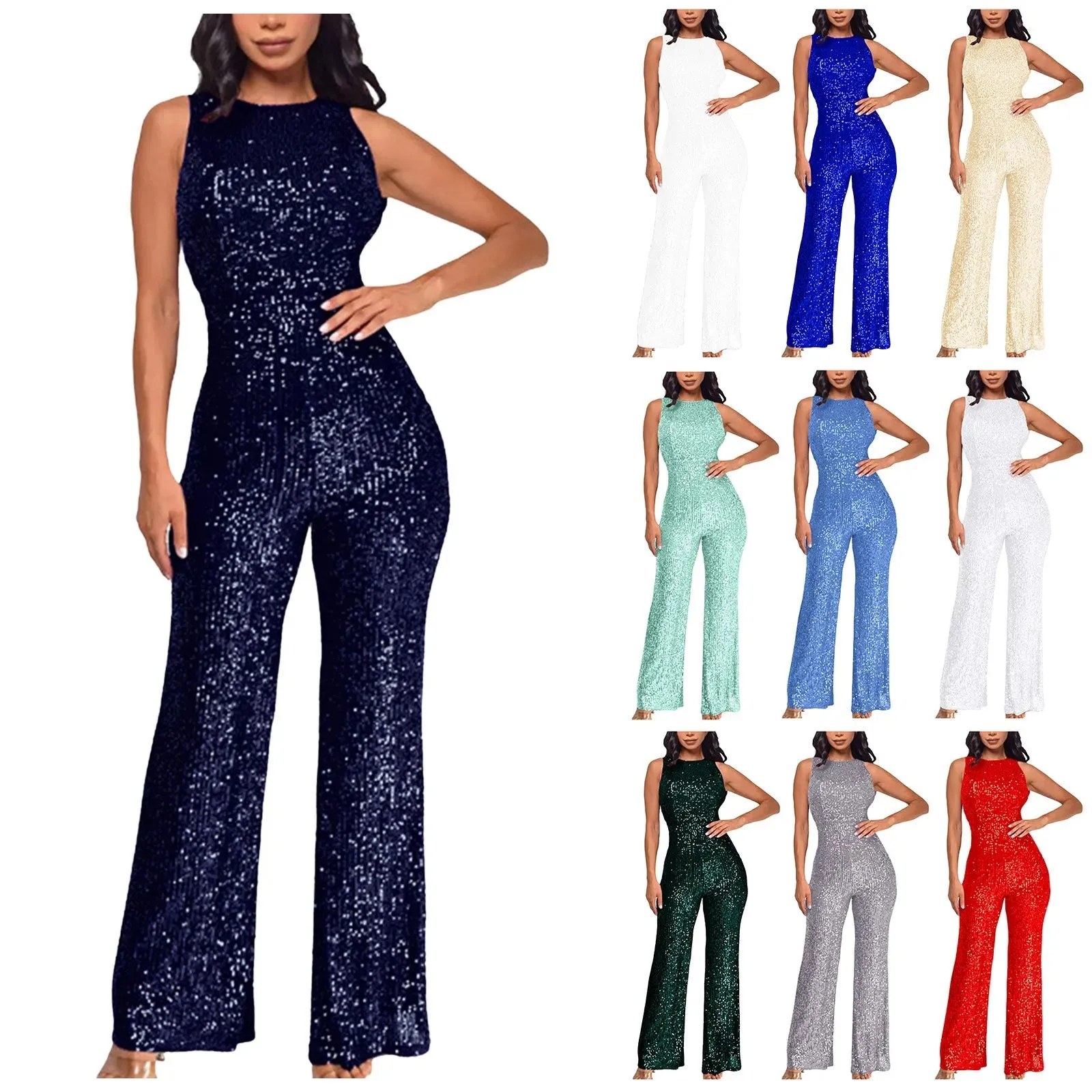 Women Sequin Sleeveless Jumpsuit Solid Crew Neck Slim Waist Fashion Glitter Jumpsuit Lady European Style Playsuit ropa de mujer