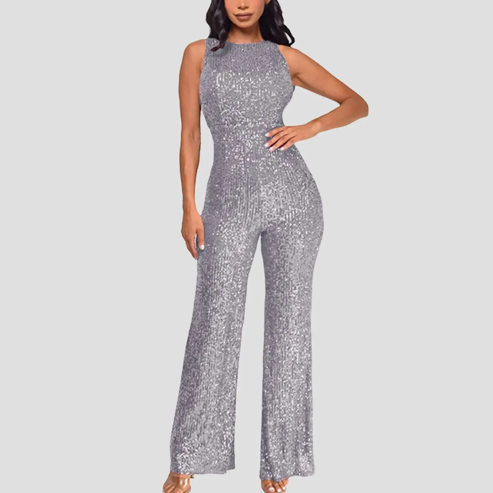 Women Sequin Sleeveless Jumpsuit Solid Crew Neck Slim Waist Fashion Glitter Jumpsuit Lady European Style Playsuit ropa de mujer