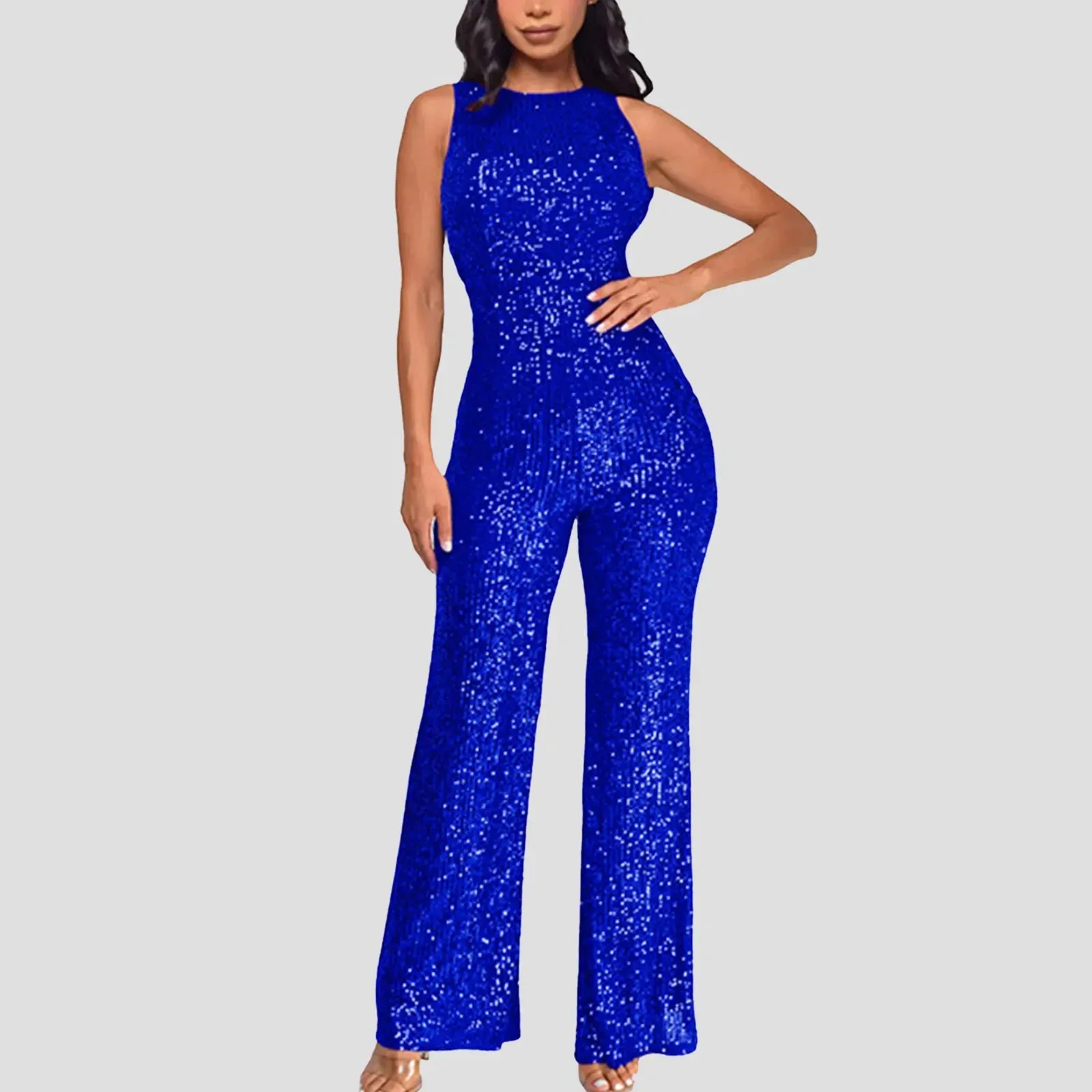 Women Sequin Sleeveless Jumpsuit Solid Crew Neck Slim Waist Fashion Glitter Jumpsuit Lady European Style Playsuit ropa de mujer