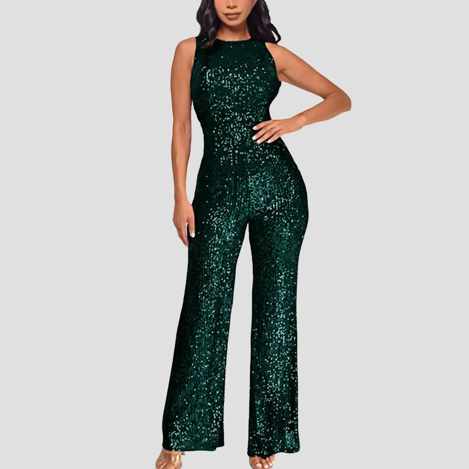 Women Sequin Sleeveless Jumpsuit Solid Crew Neck Slim Waist Fashion Glitter Jumpsuit Lady European Style Playsuit ropa de mujer