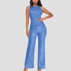 Women Sequin Sleeveless Jumpsuit Solid Crew Neck Slim Waist Fashion Glitter Jumpsuit Lady European Style Playsuit ropa de mujer