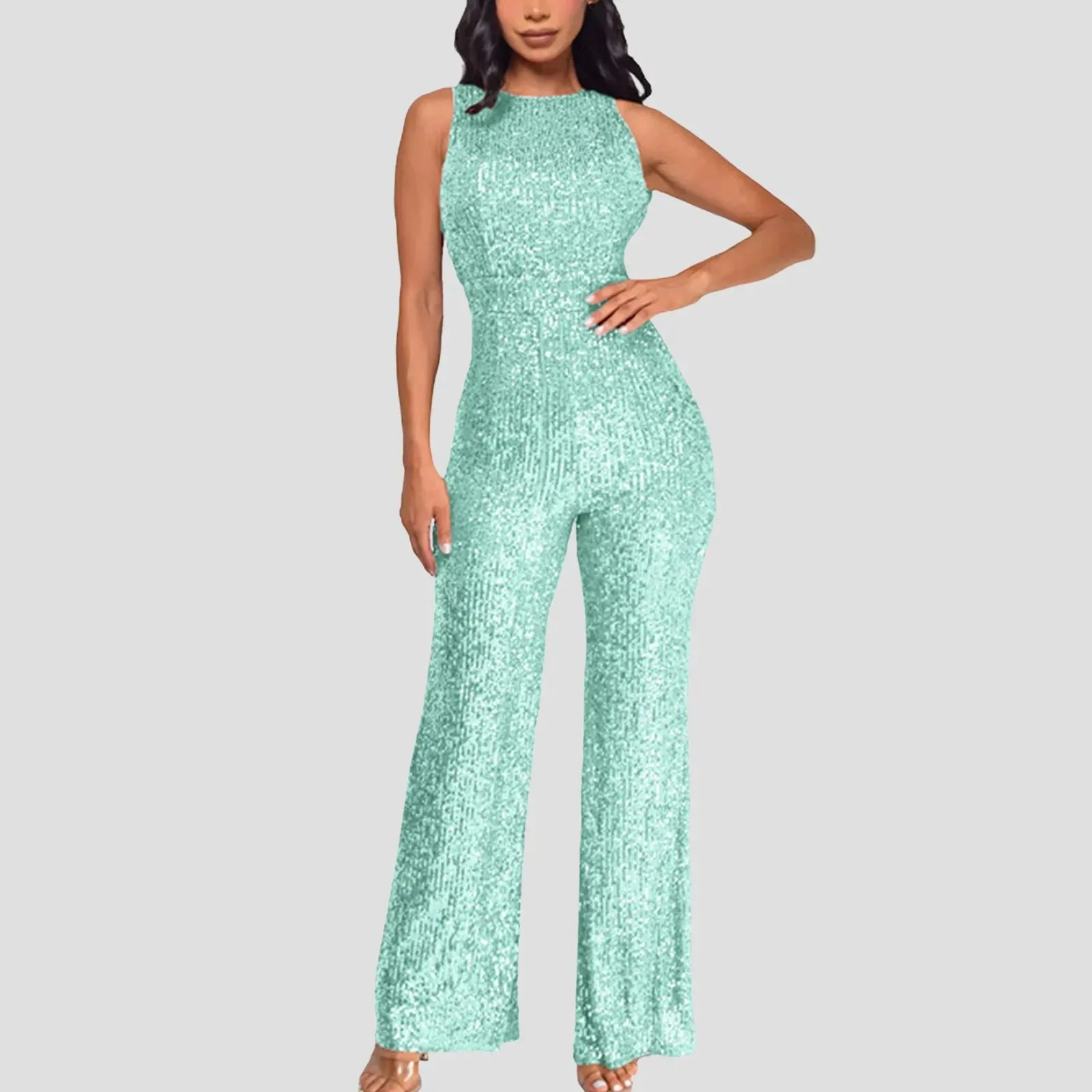 Women Sequin Sleeveless Jumpsuit Solid Crew Neck Slim Waist Fashion Glitter Jumpsuit Lady European Style Playsuit ropa de mujer
