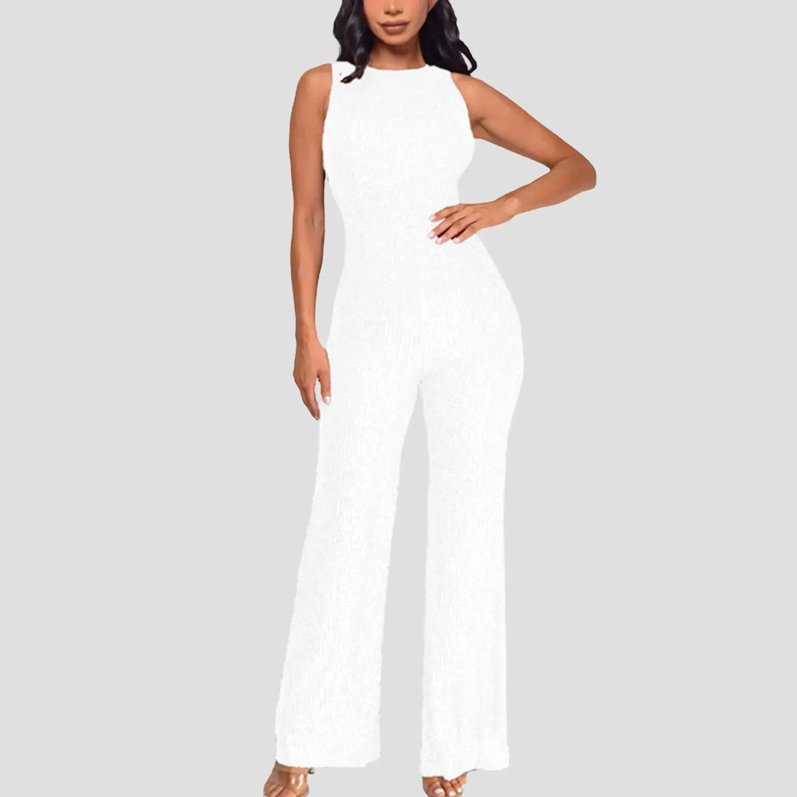 Women Sequin Sleeveless Jumpsuit Solid Crew Neck Slim Waist Fashion Glitter Jumpsuit Lady European Style Playsuit ropa de mujer
