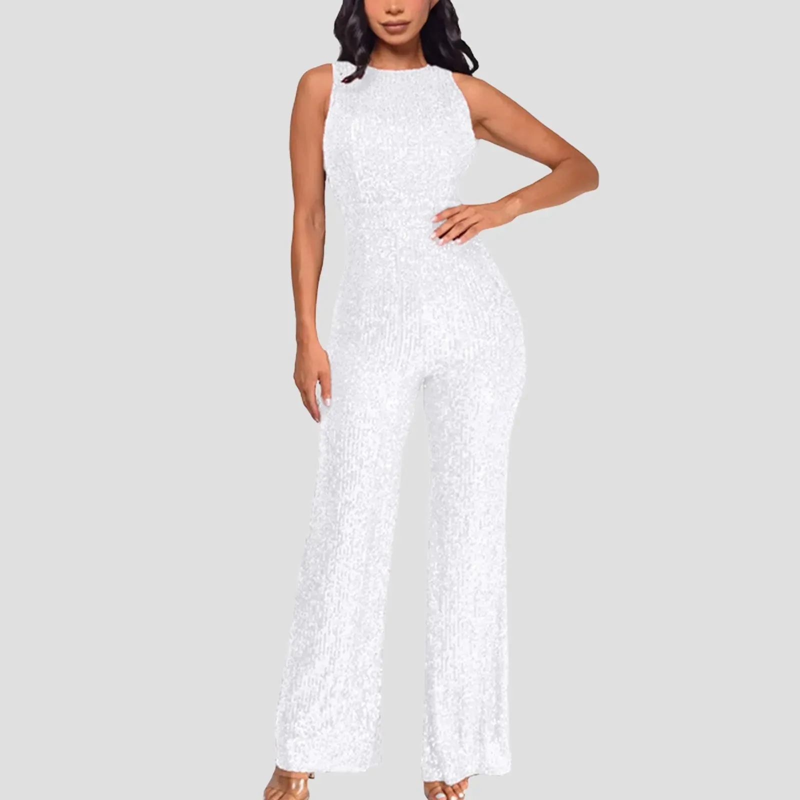 Women Sequin Sleeveless Jumpsuit Solid Crew Neck Slim Waist Fashion Glitter Jumpsuit Lady European Style Playsuit ropa de mujer