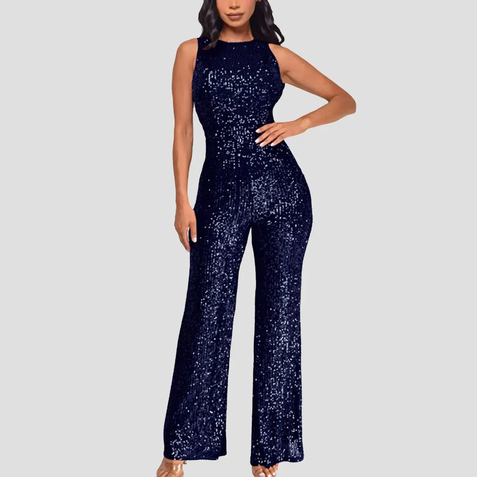 Women Sequin Sleeveless Jumpsuit Solid Crew Neck Slim Waist Fashion Glitter Jumpsuit Lady European Style Playsuit ropa de mujer