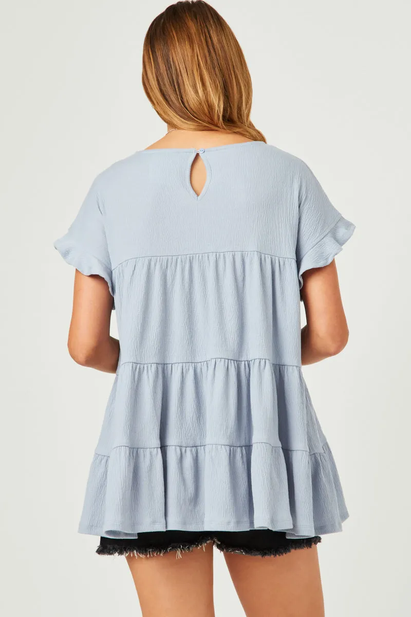 Womens Crinkle Texture Knit Tiered Top