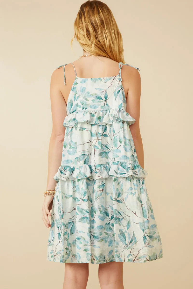 Womens Crushed Satin Textured Ruffled Botanical Print Dress