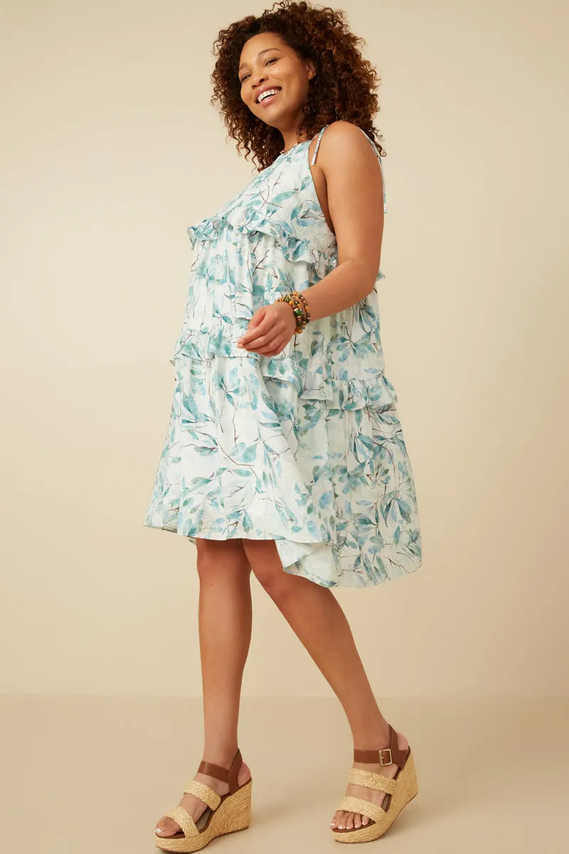 Womens Crushed Satin Textured Ruffled Botanical Print Dress
