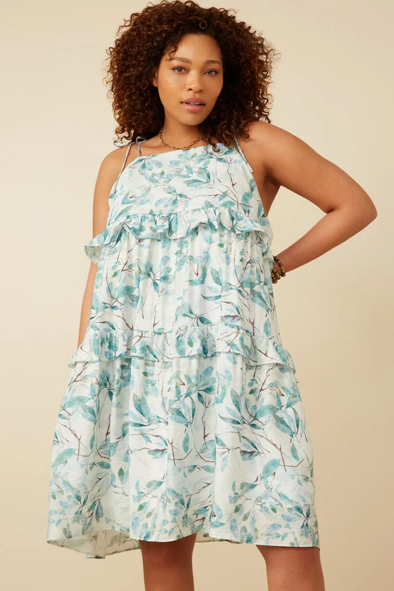 Womens Crushed Satin Textured Ruffled Botanical Print Dress