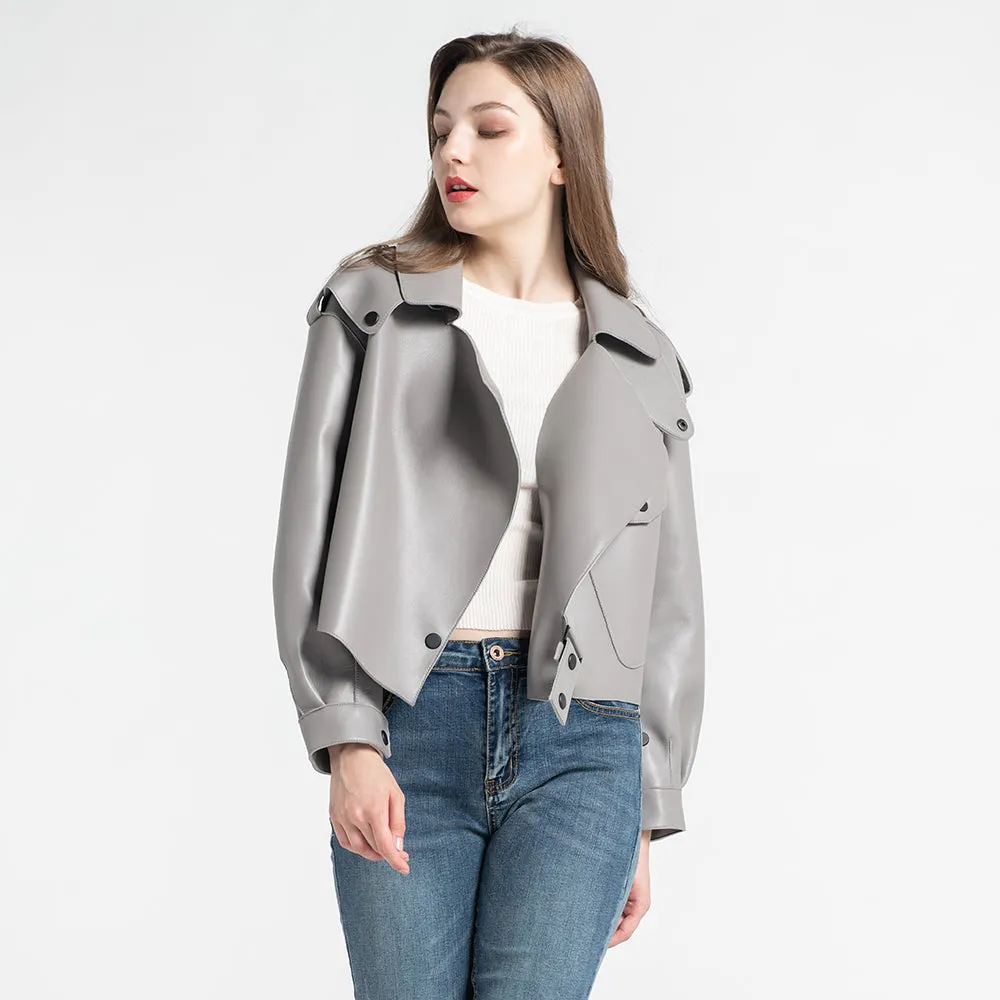Women's Genuine Leather Jacket Real Leather Coat Sheepskin Leather Light Grey