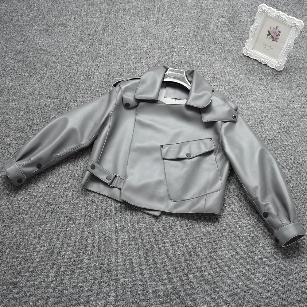 Women's Genuine Leather Jacket Real Leather Coat Sheepskin Leather Light Grey