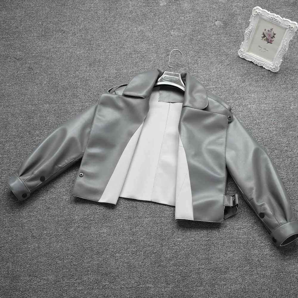 Women's Genuine Leather Jacket Real Leather Coat Sheepskin Leather Light Grey