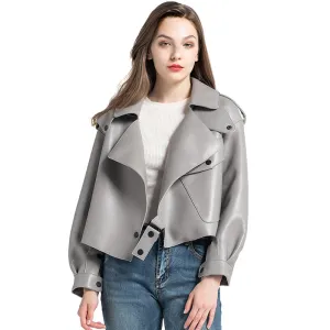 Women's Genuine Leather Jacket Real Leather Coat Sheepskin Leather Light Grey