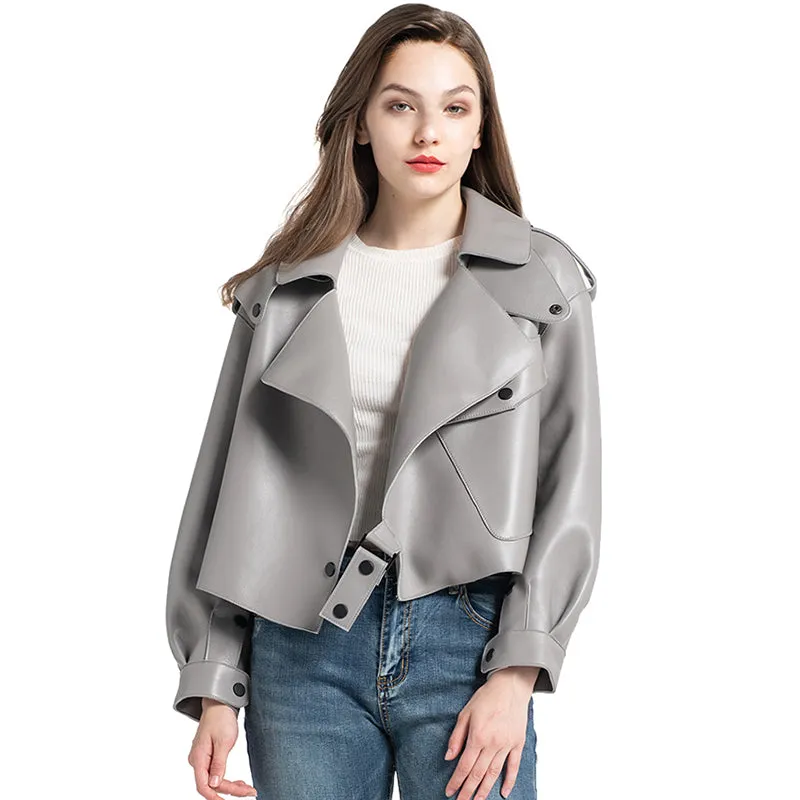 Women's Genuine Leather Jacket Real Leather Coat Sheepskin Leather Light Grey