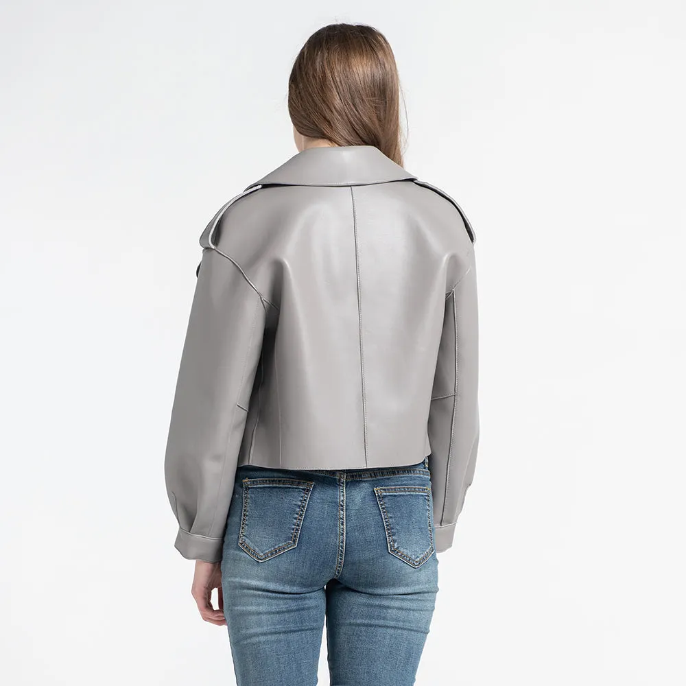 Women's Genuine Leather Jacket Real Leather Coat Sheepskin Leather Light Grey
