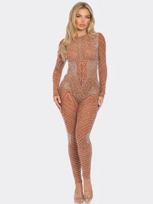 WOMEN'S LONG SLEEVE STUDS MESH JUMPSUIT