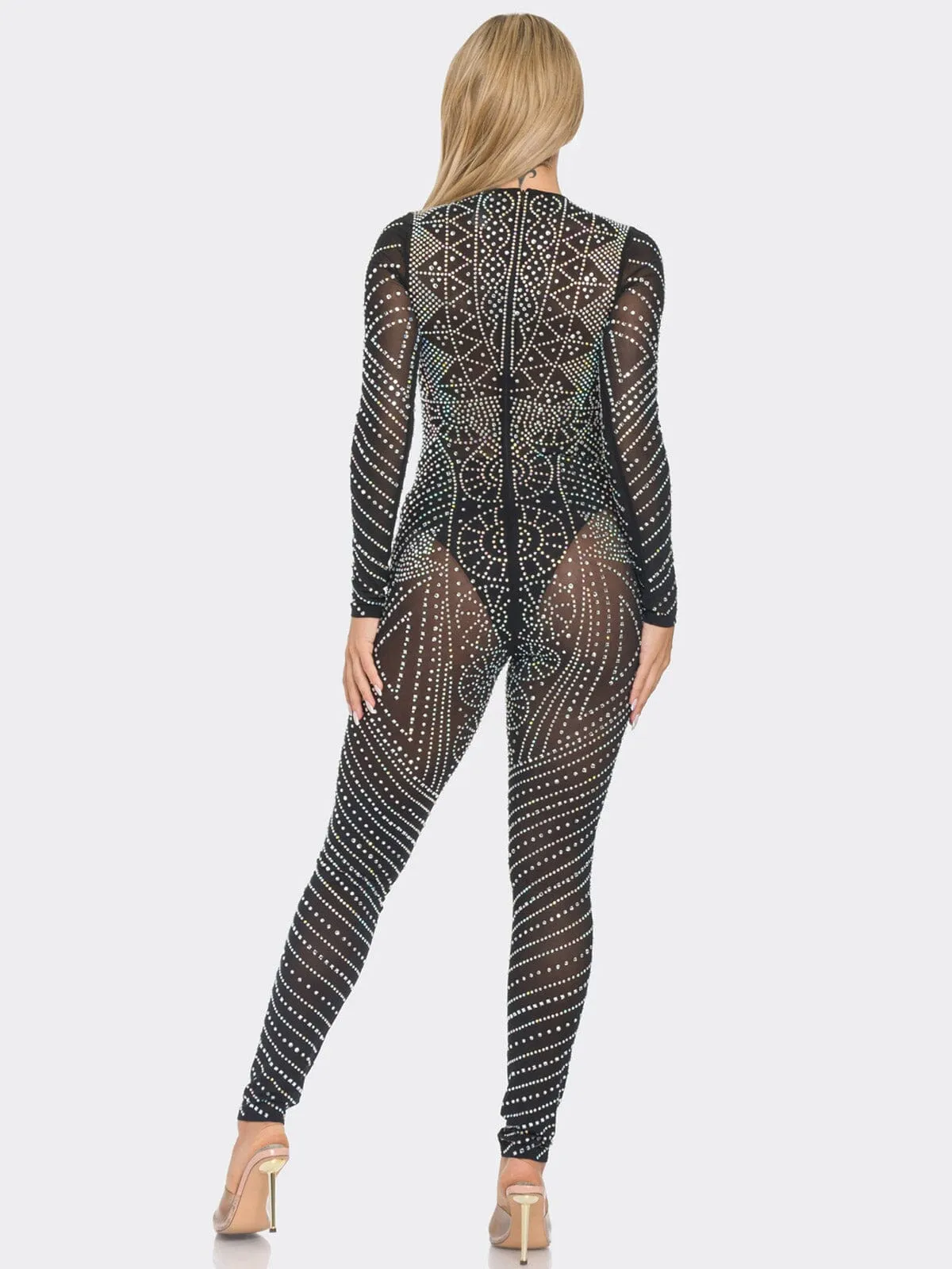 WOMEN'S LONG SLEEVE STUDS MESH JUMPSUIT
