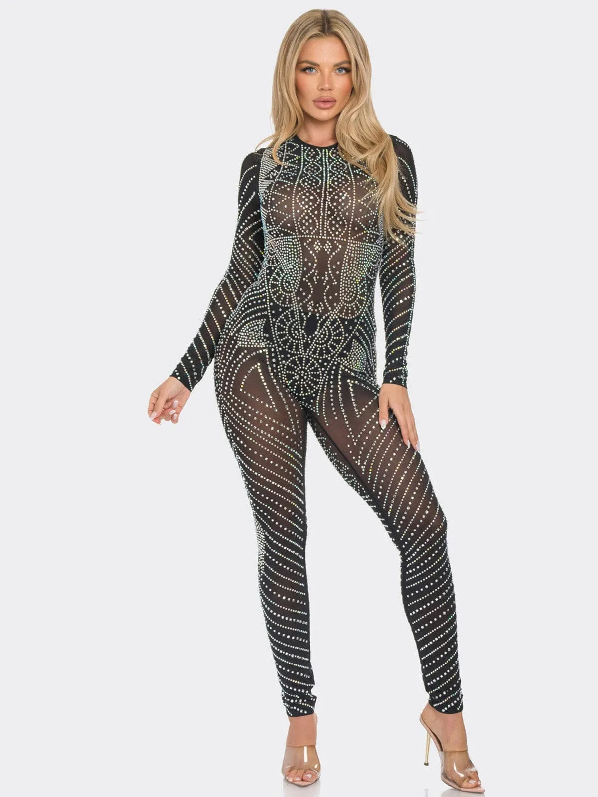 WOMEN'S LONG SLEEVE STUDS MESH JUMPSUIT