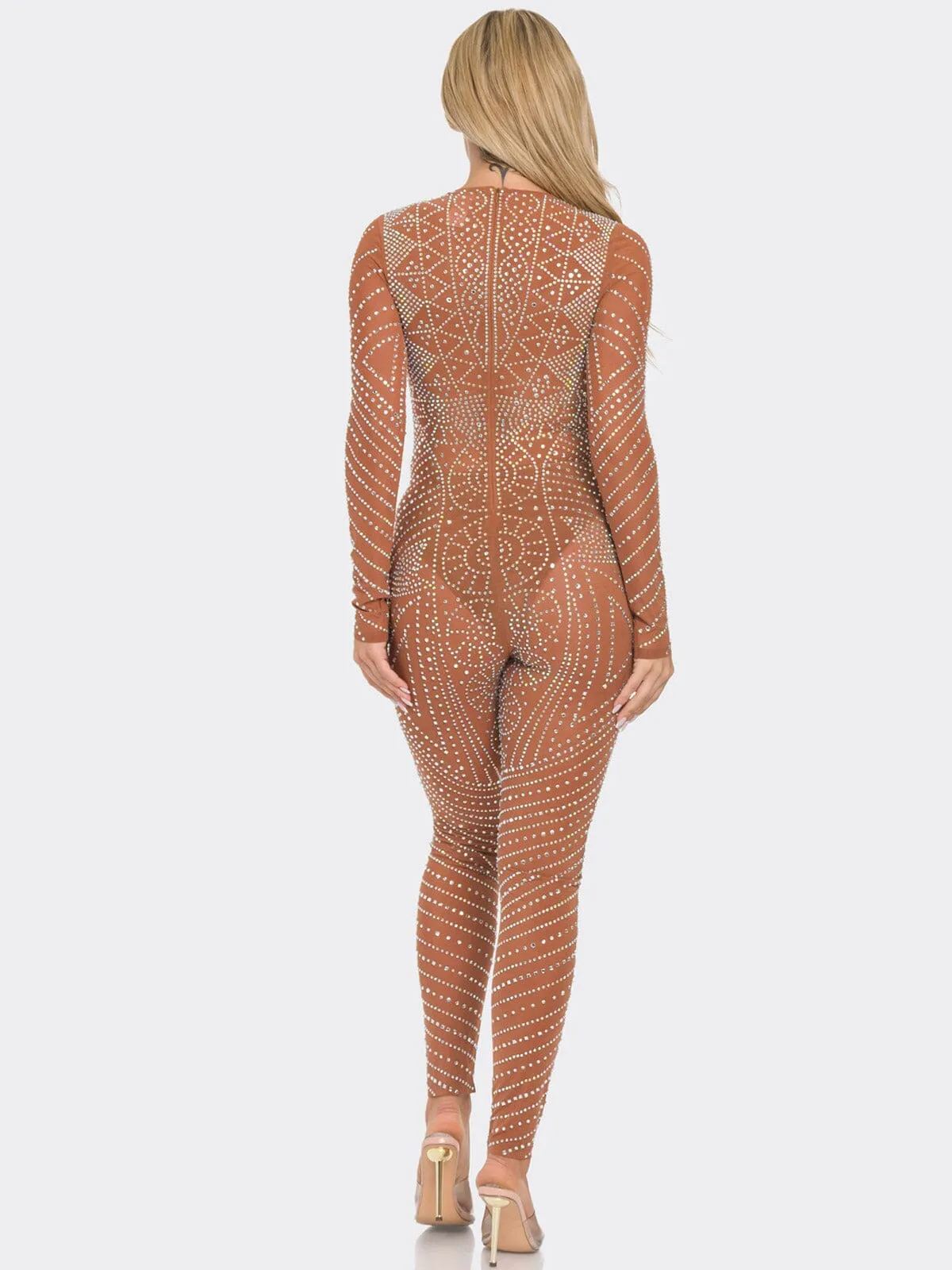 WOMEN'S LONG SLEEVE STUDS MESH JUMPSUIT